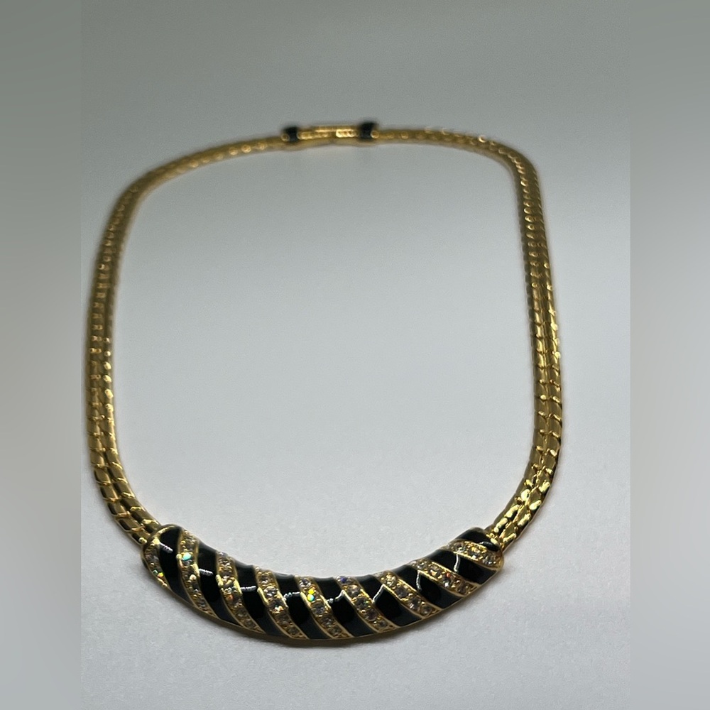 Swarovski Black Enamel & Crystal Rhinestones Gold Toned Necklace Vintage